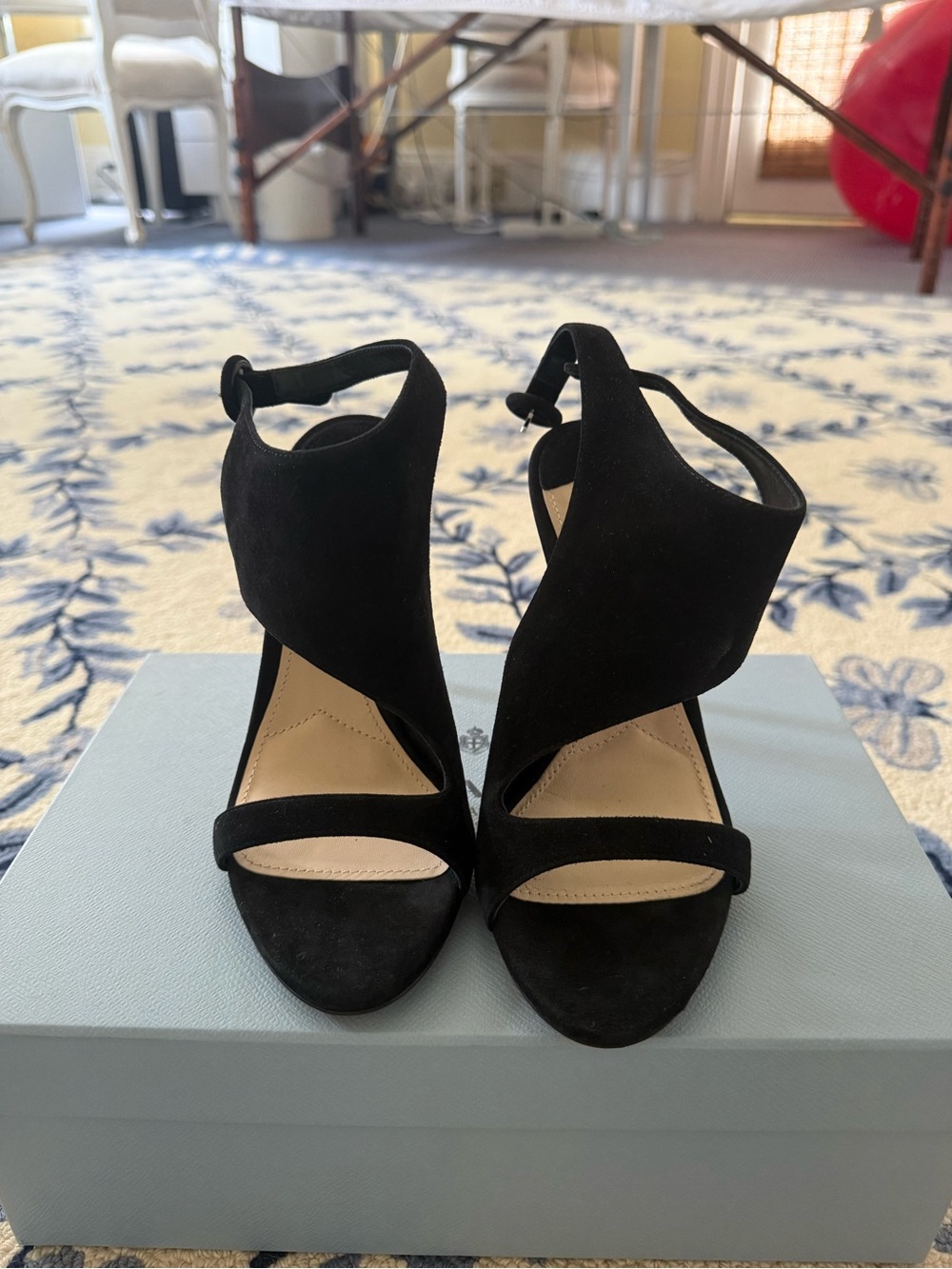 NIB Prada Black Suede Cutout Ankle-Strap High Heels